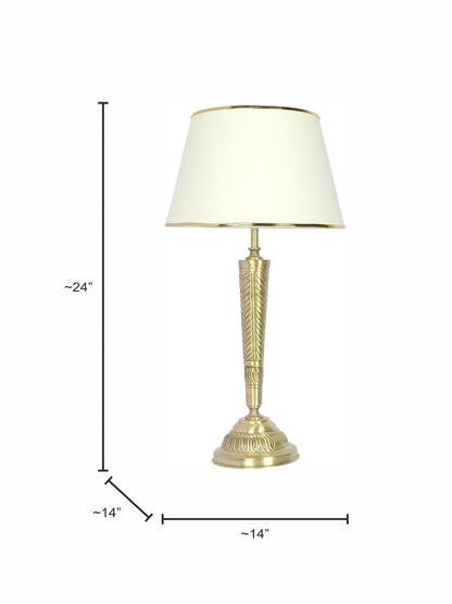 Conical Brass Table Light in Antique Finish with Off White Tapered Fabric Shade