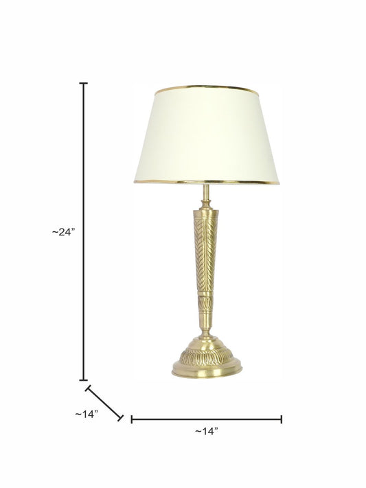 Conical Brass Table Light in Antique Finish with Off White Tapered Fabric Shade