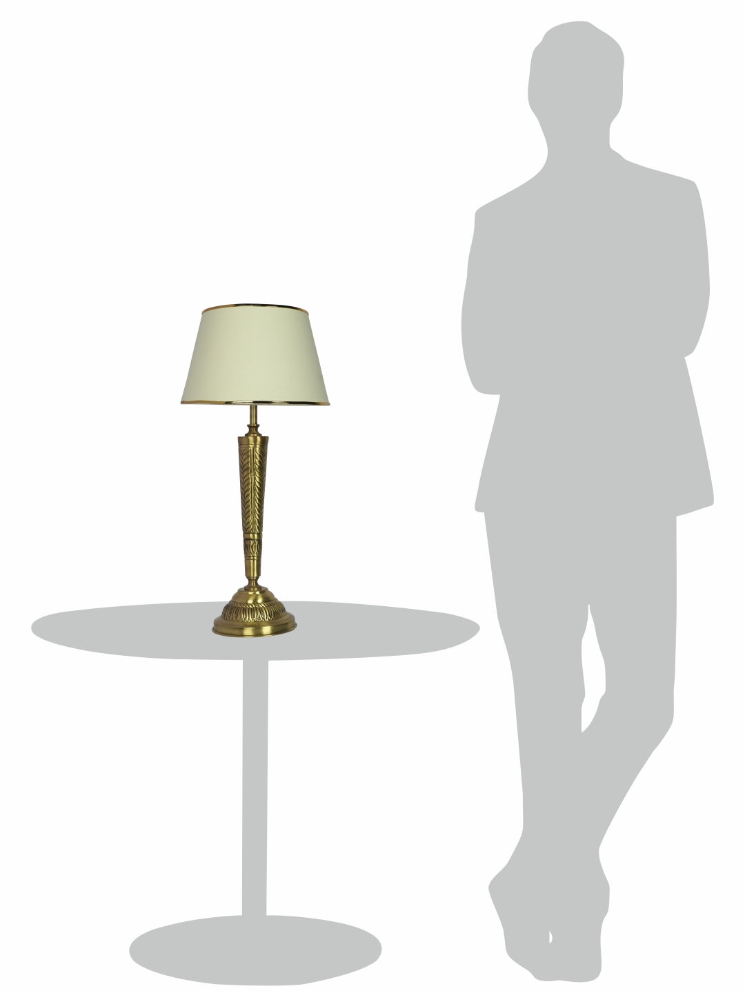 Conical Brass Table Light in Antique Finish with Off White Tapered Fabric Shade