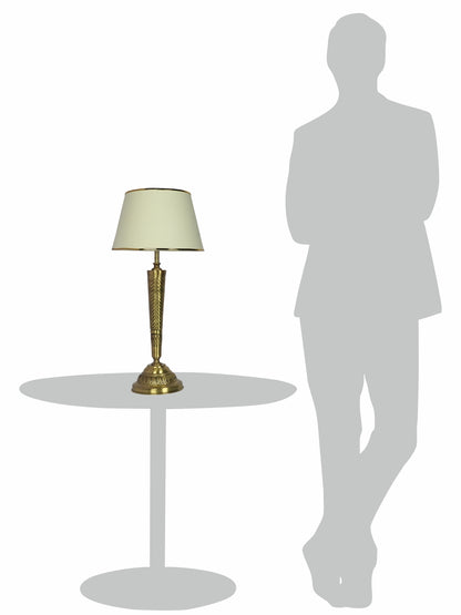 Conical Brass Table Light in Antique Finish with Off White Tapered Fabric Shade