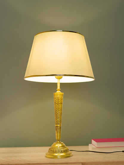 Conical Brass Table Light in Antique Finish with Off White Tapered Fabric Shade