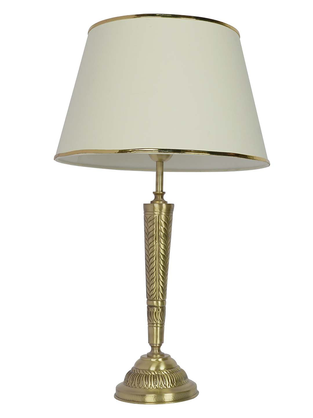 Conical Brass Table Light in Antique Finish with Off White Tapered Fabric Shade