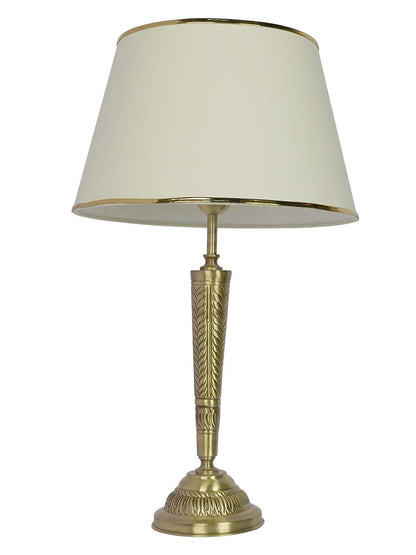 Conical Brass Table Light in Antique Finish with Off White Tapered Fabric Shade