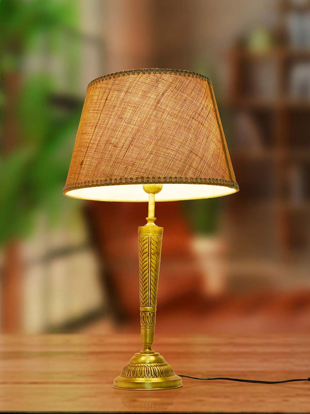 Conical Brass Table Light in Antique Finish with Jute Lace Shade