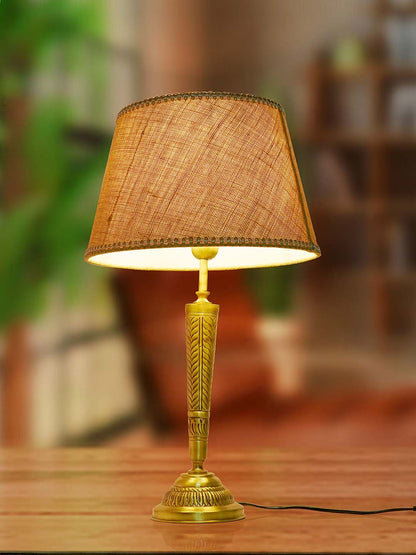 Conical Brass Table Light in Antique Finish with Jute Lace Shade