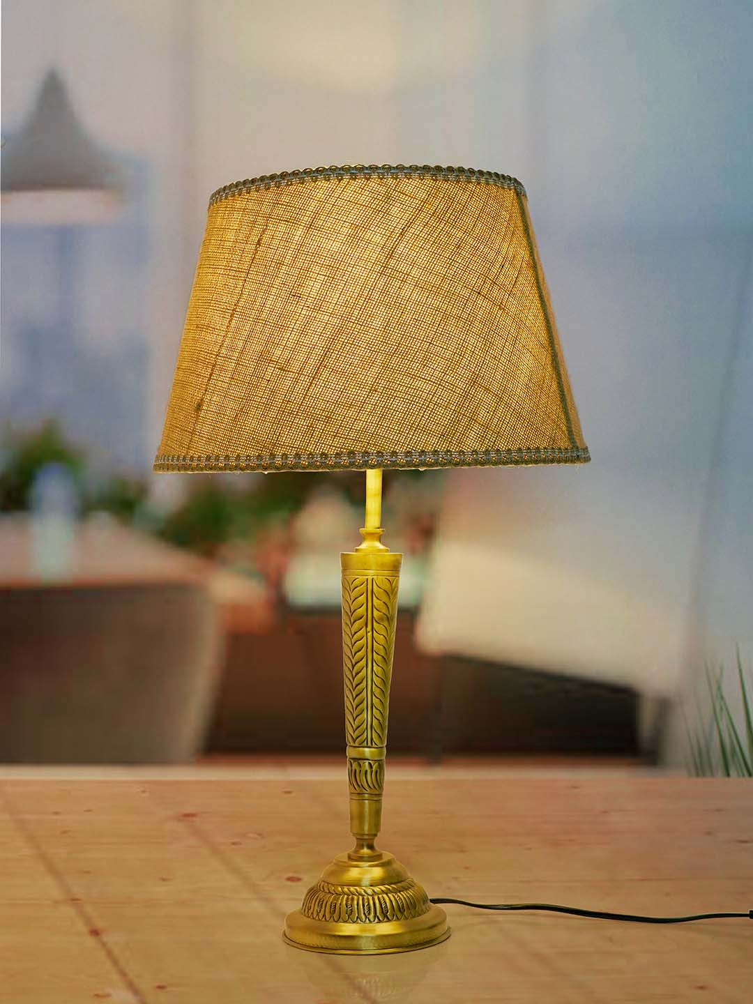 Conical Brass Table Light in Antique Finish with Jute Lace Shade