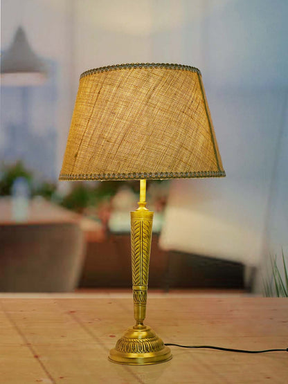 Conical Brass Table Light in Antique Finish with Jute Lace Shade