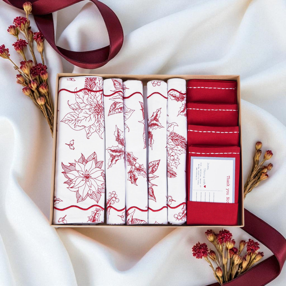 Christmas Table Linen GIFT PACK - in cotton with poinsettia print and wave embroidery