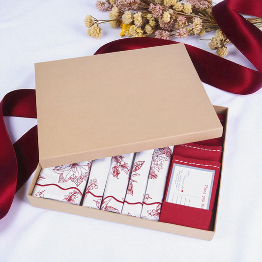Christmas Table Linen GIFT PACK - in cotton with poinsettia print and wave embroidery