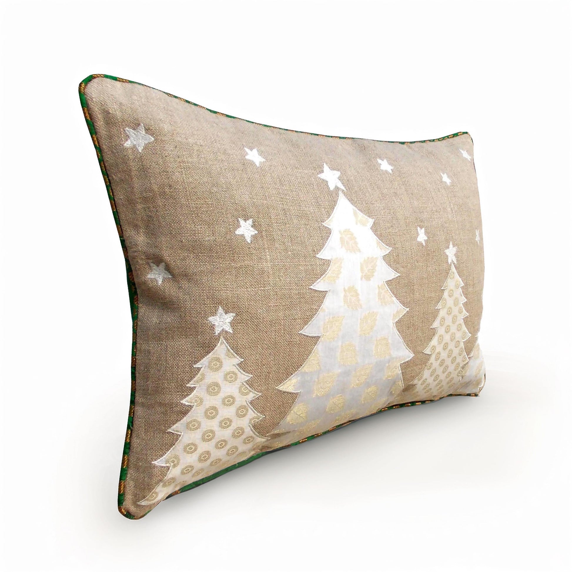 Festive White Christmas Tree Linen Pillow Cover with Brocade Detailing
