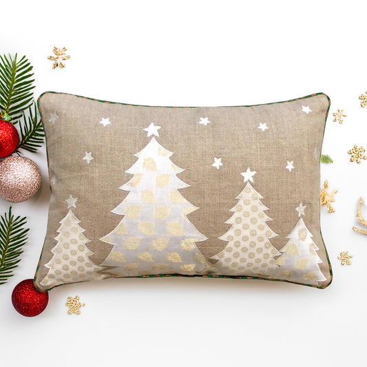 Festive White Christmas Tree Linen Pillow Cover with Brocade Detailing