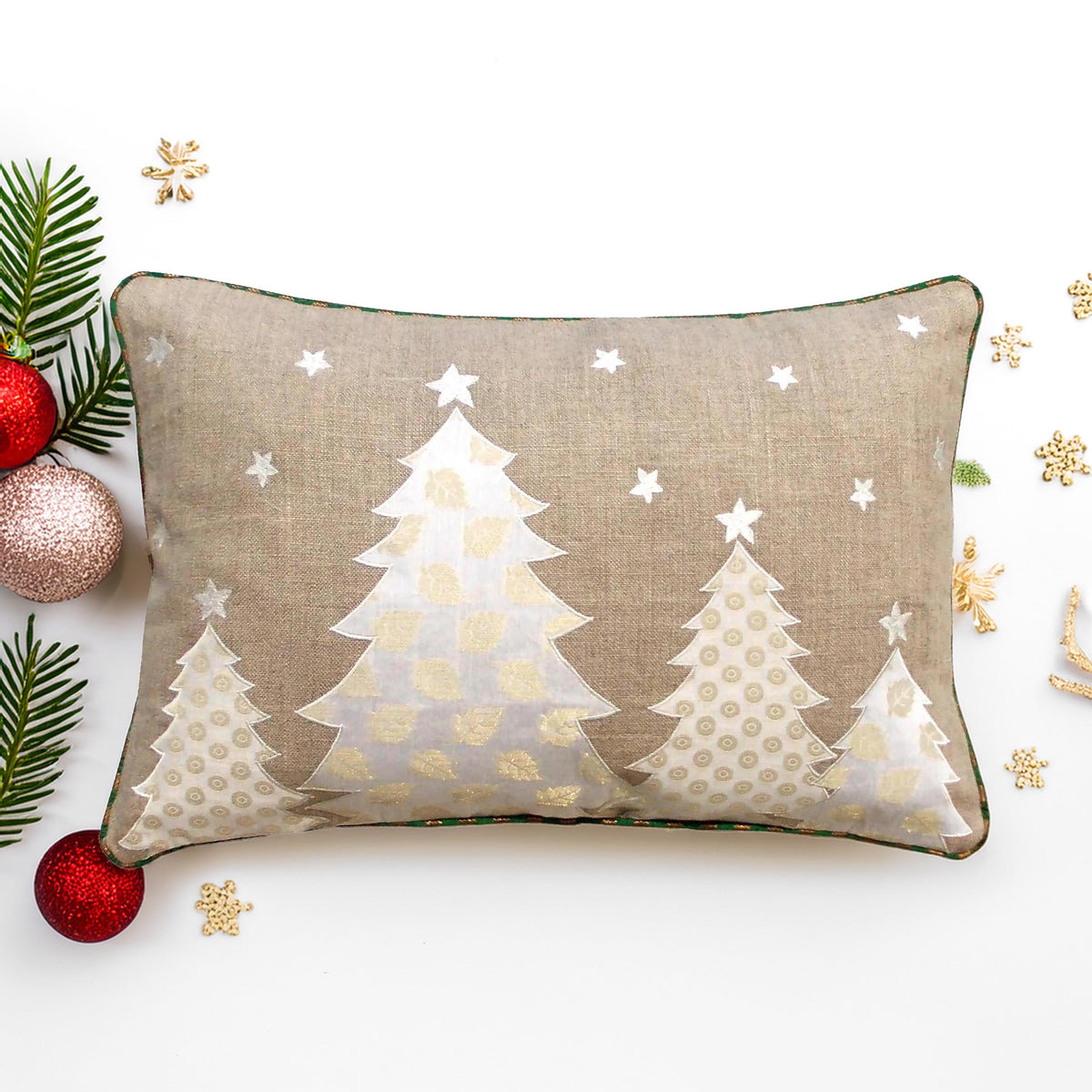 Christmas White Tree Cushion Cover – Linen & Brocade Pillow Cover | 14×21"