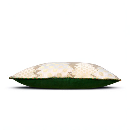 Festive White Christmas Tree Linen Pillow Cover with Brocade Detailing
