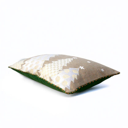Christmas White Tree Cushion Cover – Linen & Brocade Pillow Cover | 14×21"