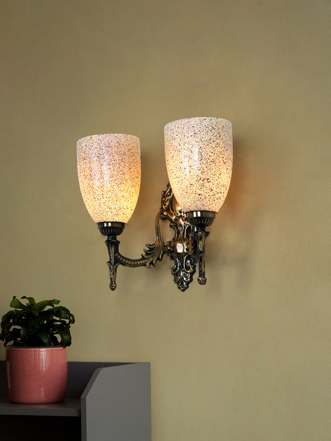 Brass Antique Glass Mild Steel 2-Light Wall Sconce – 30.5 cm