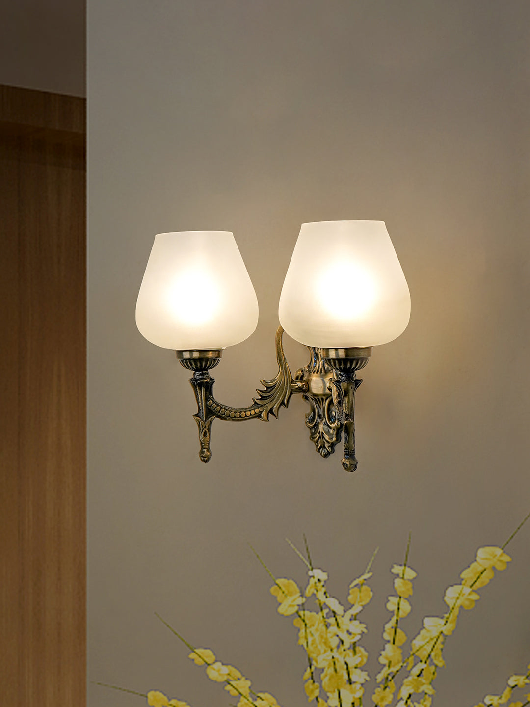 Brass Antique Mild Steel Glass 2-Light Wall Sconce – 27.9 cm