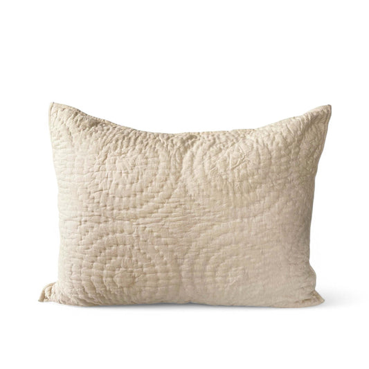 Beige Cotton Linen Quilted Pillow Sham with Circle Pattern