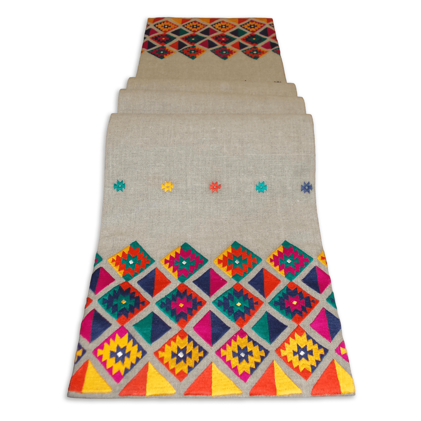 Handcrafted Pure Linen Kilim Table Runner with Multicolor Diamond Pattern