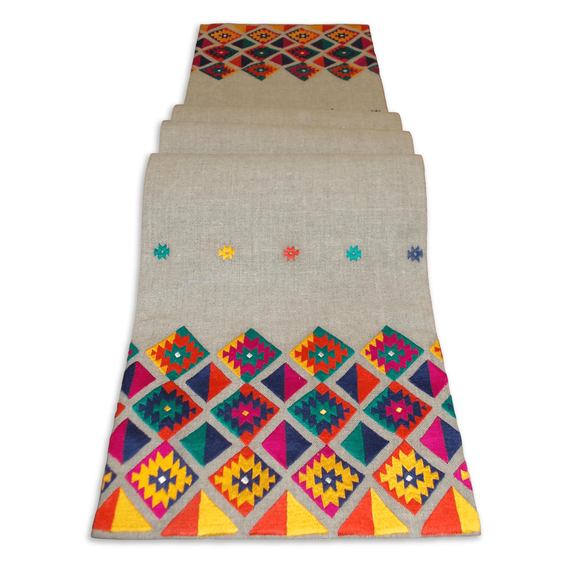 Handcrafted Pure Linen Kilim Table Runner with Multicolor Diamond Pattern