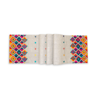Handcrafted Pure Linen Kilim Table Runner with Multicolor Diamond Pattern