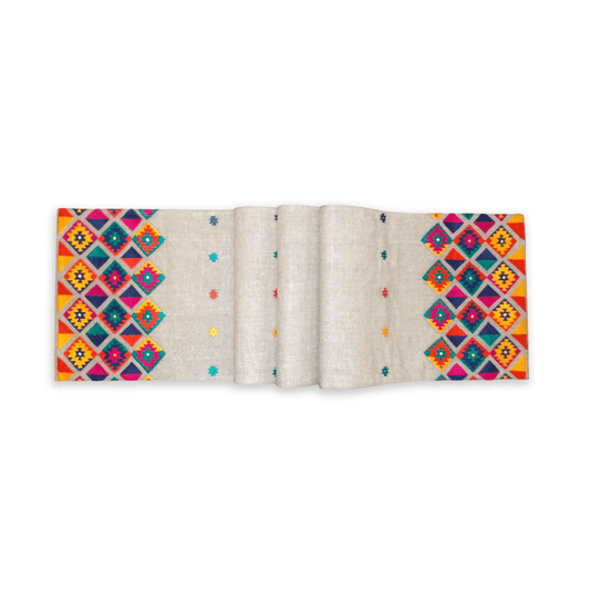 Handcrafted Pure Linen Kilim Table Runner with Multicolor Diamond Pattern