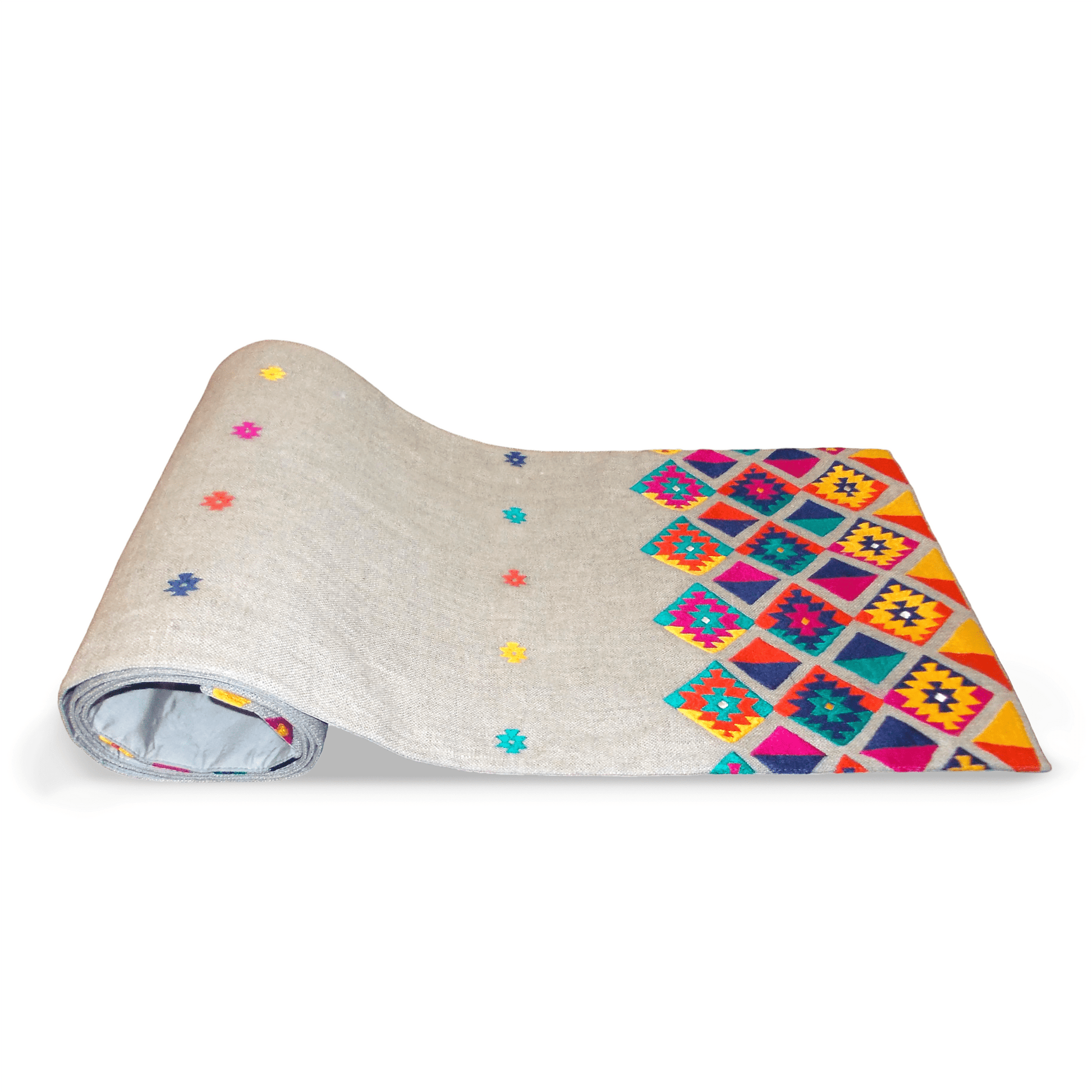 Handcrafted Pure Linen Kilim Table Runner with Multicolor Diamond Pattern