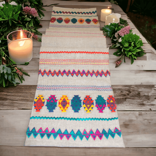 Multicolor Aztec Kilim Table Runner Handcrafted Pure Linen Elegance