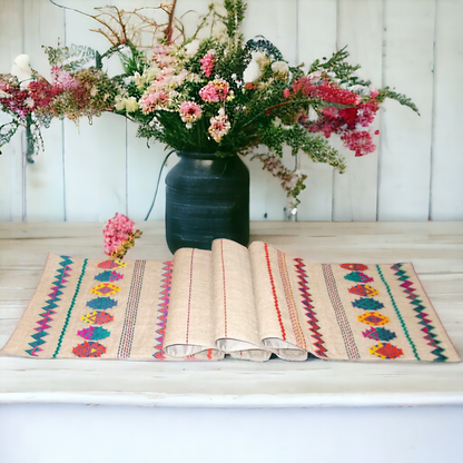 Folk Kilim Table Runner – Aztec Diamond & Zigzag Embroidery on Pure Linen | 3 Sizes