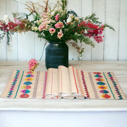 Folk Kilim Table Runner – Aztec Diamond & Zigzag Embroidery on Pure Linen | 3 Sizes