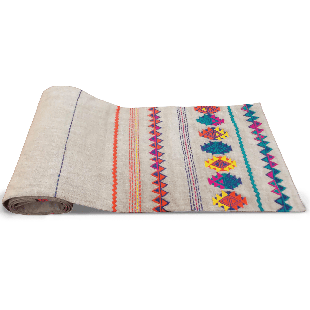 Folk Kilim Table Runner – Aztec Diamond & Zigzag Embroidery on Pure Linen | 3 Sizes