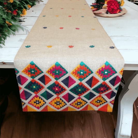 Handcrafted Pure Linen Kilim Table Runner with Multicolor Diamond Pattern