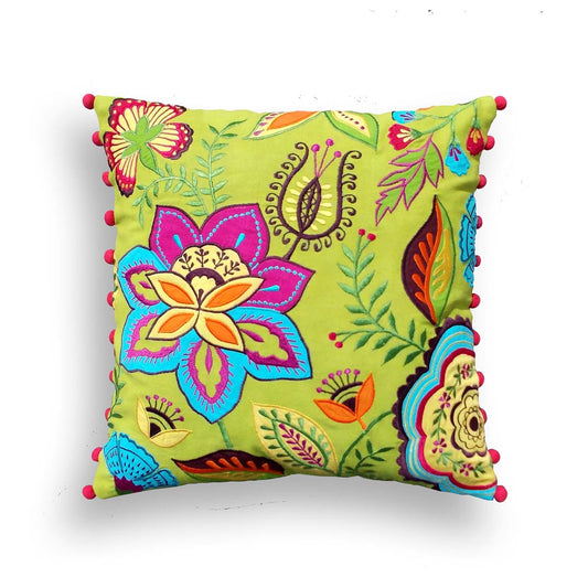 Green Floral Embroidered Cushion Cover – Boho Zip Pillow Slip