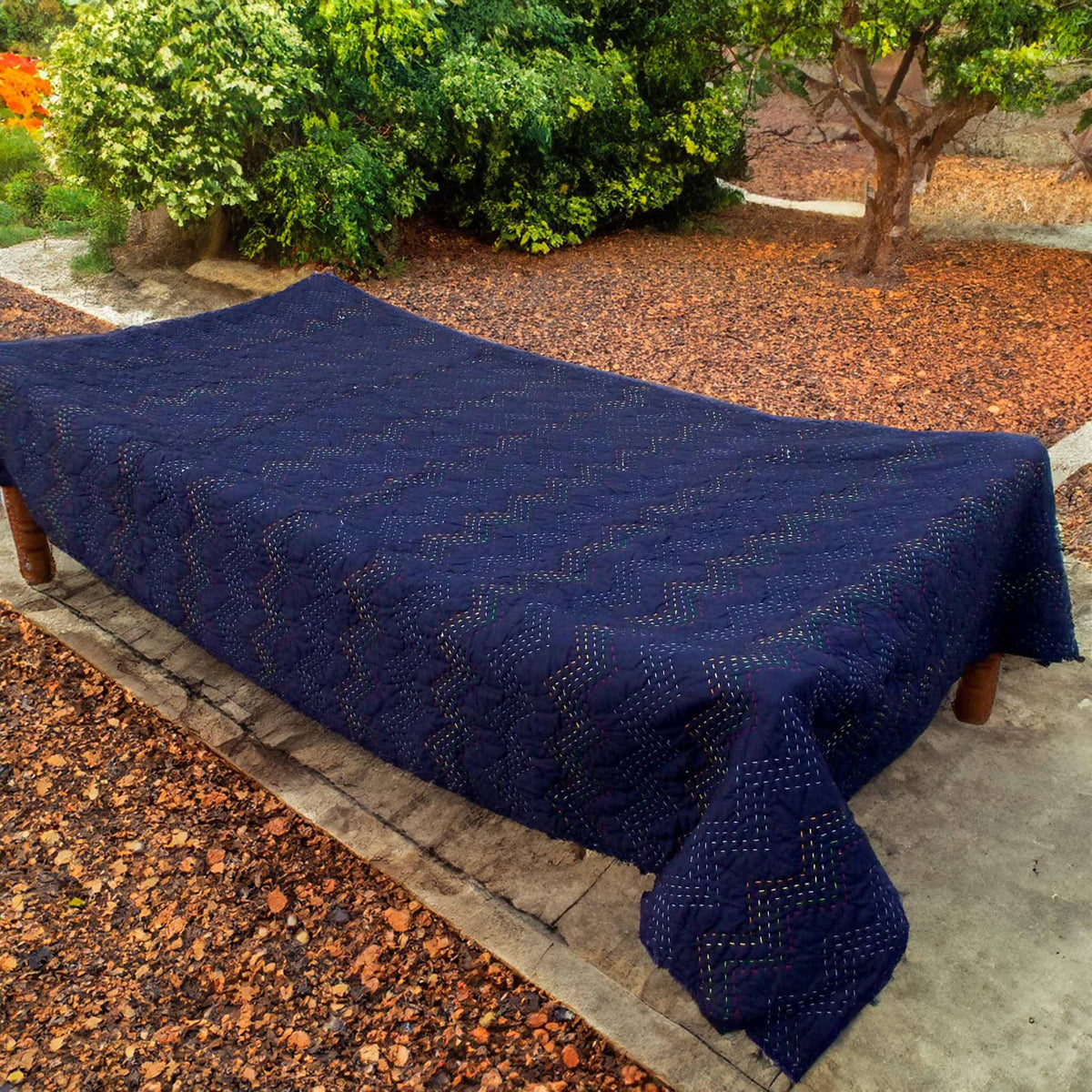 Indigo Kantha Quilt | Chevron Pattern Quilting | Handmade Cotton Bedspread