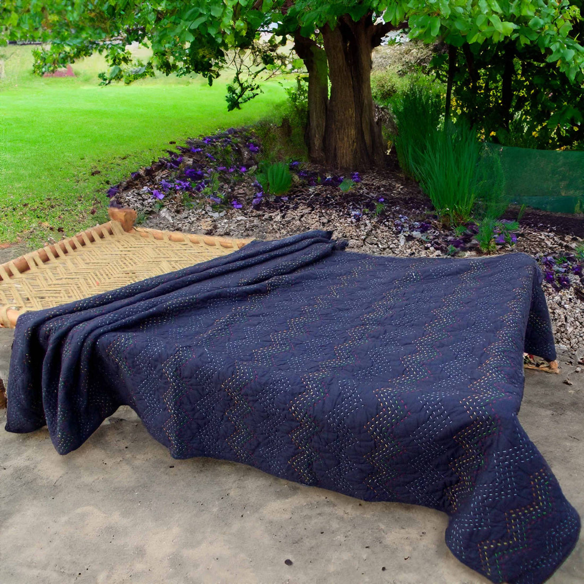 Indigo Kantha Quilt | Chevron Pattern Quilting | Handmade Cotton Bedspread
