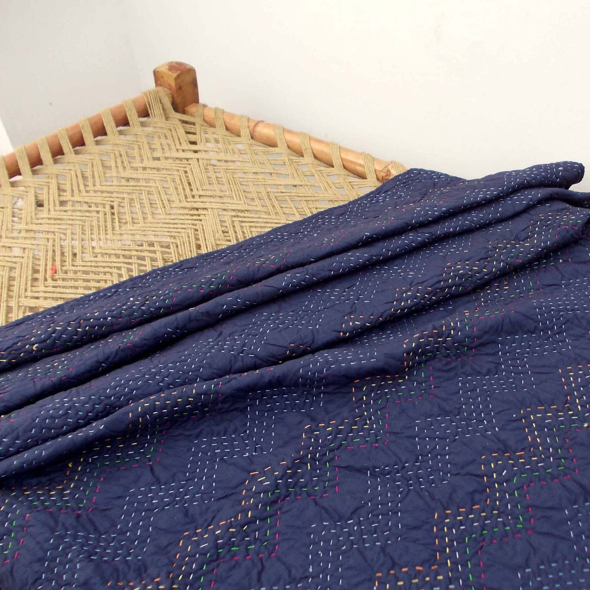 INDIGO Chevron Kantha Quilt – Cotton Bedspread for Twin Queen King