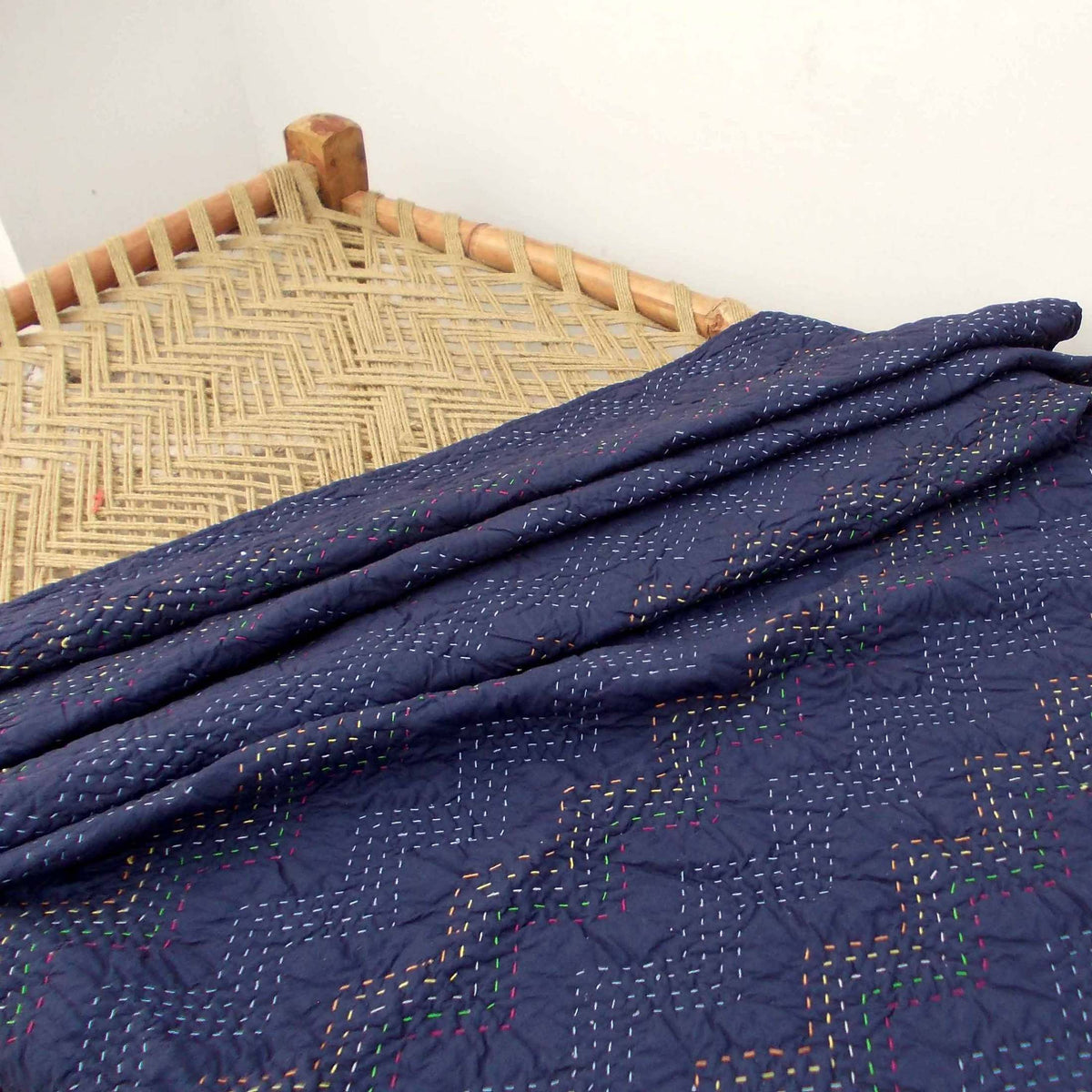 Indigo Kantha Quilt | Chevron Pattern Quilting | Handmade Cotton Bedspread