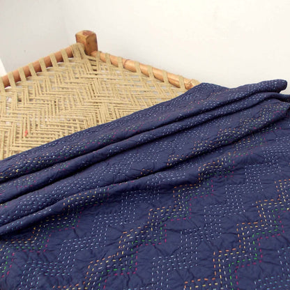 Indigo Kantha Quilt | Chevron Pattern Quilting | Handmade Cotton Bedspread