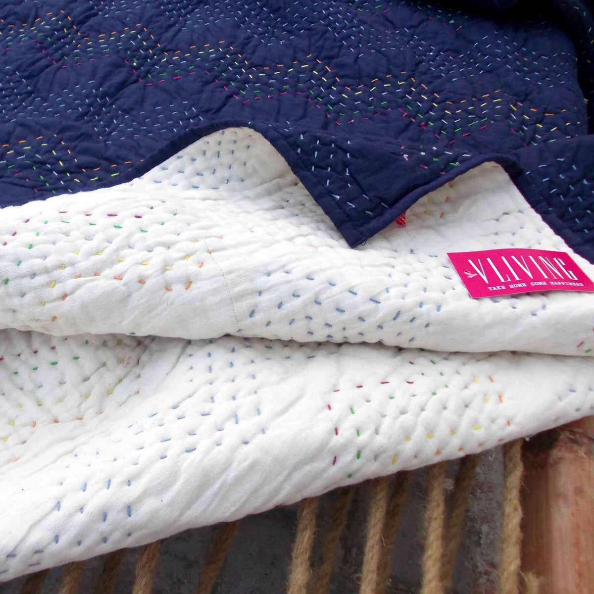 Indigo Kantha Quilt | Chevron Pattern Quilting | Handmade Cotton Bedspread