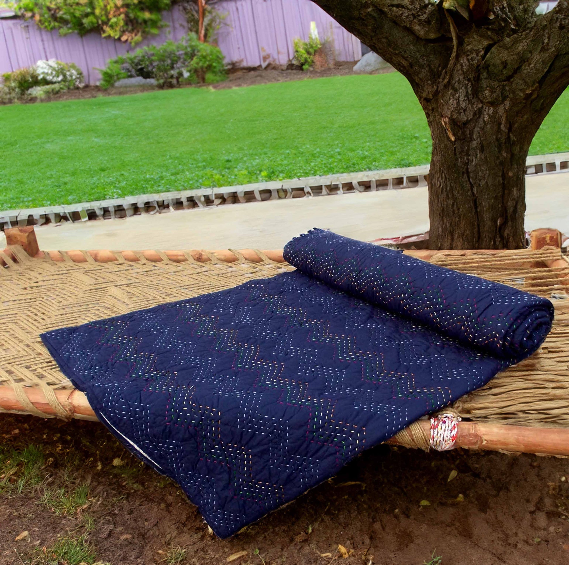 Indigo Kantha Chevron Quilted Bed Set – Twin, Queen, King