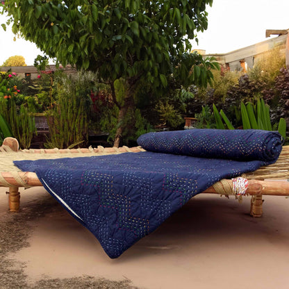 INDIGO Chevron Kantha Quilt – Cotton Bedspread for Twin Queen King