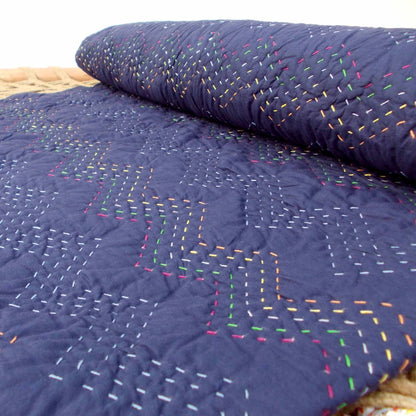 Indigo Kantha Quilt | Chevron Pattern Quilting | Handmade Cotton Bedspread