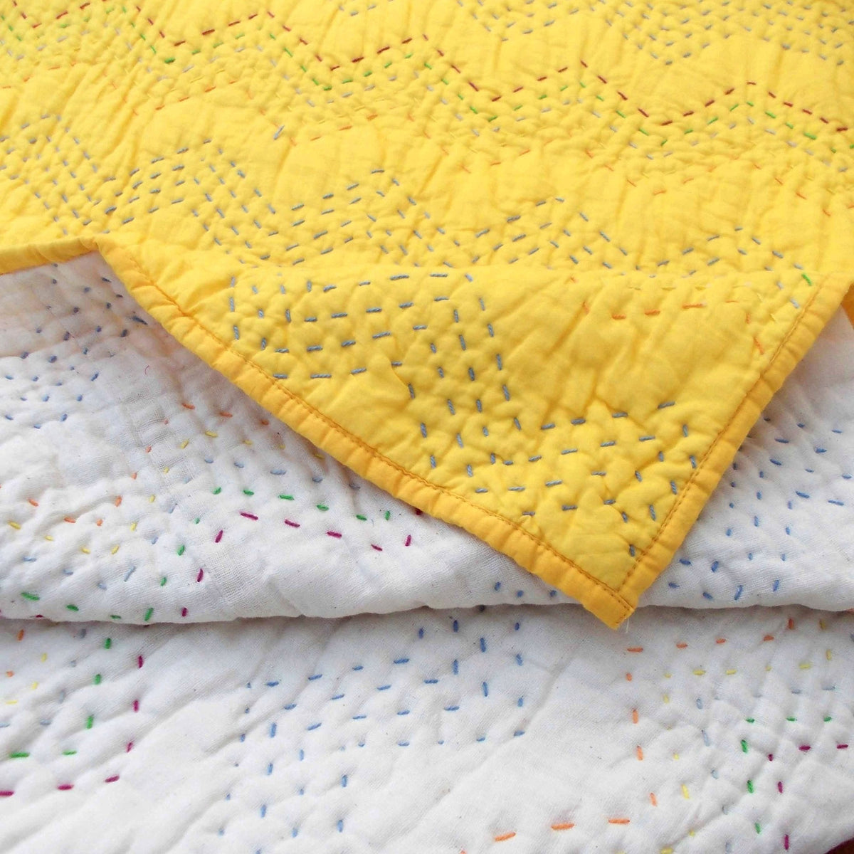 Yellow Kantha Quilt | Chevron Pattern Quilting | Twin, Queen & King Sizes