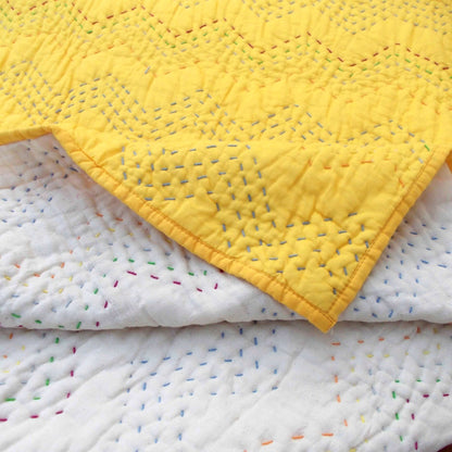 Yellow Kantha Quilt | Chevron Pattern Quilting | Twin, Queen & King Sizes