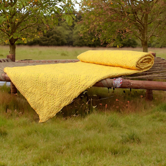 Yellow Kantha Chevron Quilted Bedspread – Twin, Queen, King Sizes