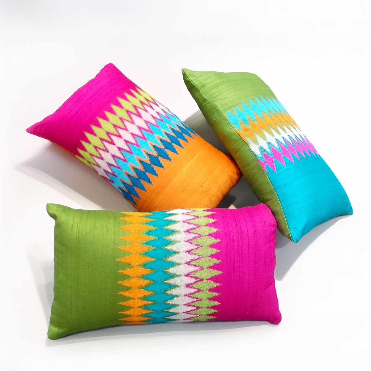 Ikat Silk Dupion Cushion Cover – Lime Green & Turquoise with Multicolour Ikat Embroidery | 4 Sizes
