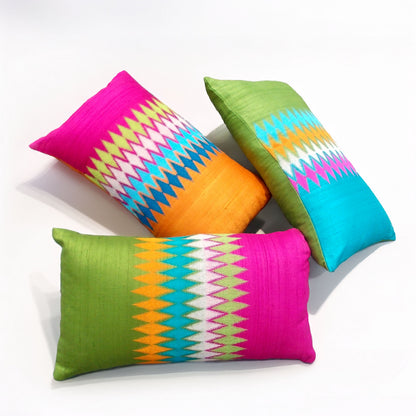 Ikat Hot Pink & Orange Silk Dupion Cushion Cover – Multicolour Chevron Embroidery | 4 Sizes