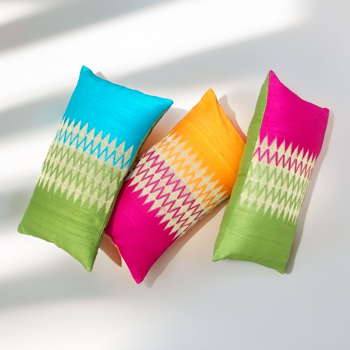 Ikat Silk Dupion Cushion Cover – Turquoise & Lime Green Colour Block with Gold Zari Embroidery | 4 Sizes