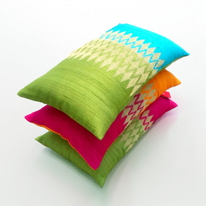 Ikat Silk Dupion Cushion Cover – Hot Pink & Amber Orange Colour Block with Gold Zari Embroidery | 4 Sizes