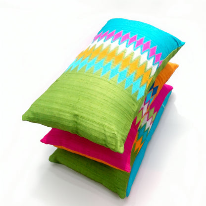 Ikat Silk Dupion Cushion Cover – Lime Green & Turquoise with Multicolour Ikat Embroidery | 4 Sizes
