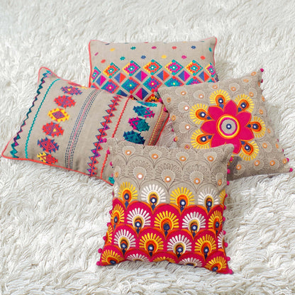 Vliving Folk Kilim Embroidered Diamond Cushion Cover – Pure Linen